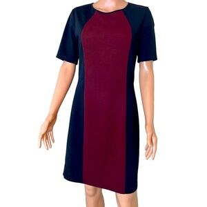 41 Hawthorn maroon & black square figure flattering textured knee length dress